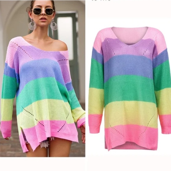 V-Neck Off The Shoulder Sweater Pastel Color Block  Oversized Knit Pullover L - Picture 6 of 11